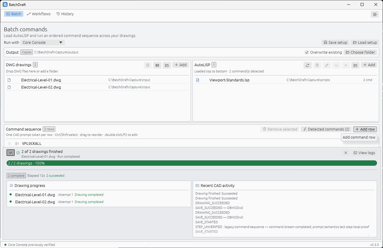 BatchDraft showing a completed two-drawing AutoCAD batch with both drawings succeeded
